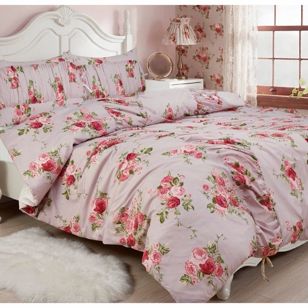 Full Queen Ruched Comforter Set Pink Floral Bedding Bedroom Decor New